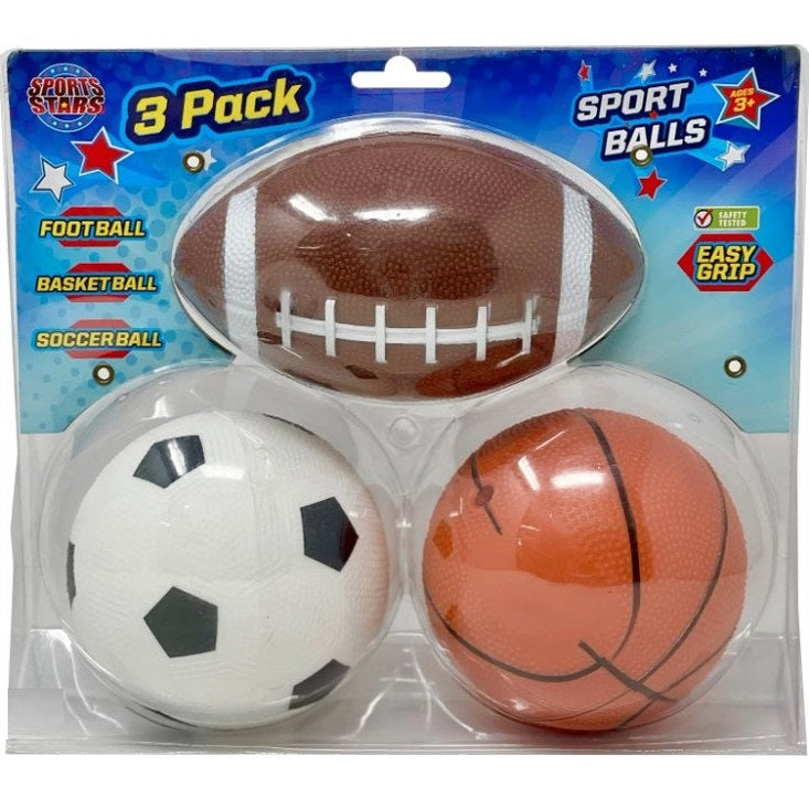 A three-pack of sports balls including a football, basketball, and soccer ball in a plastic blister pack.